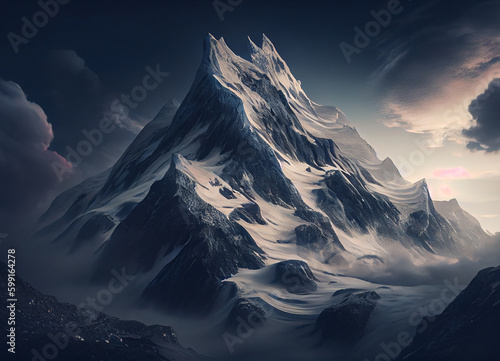 Sunset Serenade: A Mesmerizing Vista of Snow-Draped Mountain Peaks and Celestial Clouds Amidst the Fading Light before it Gets Dark