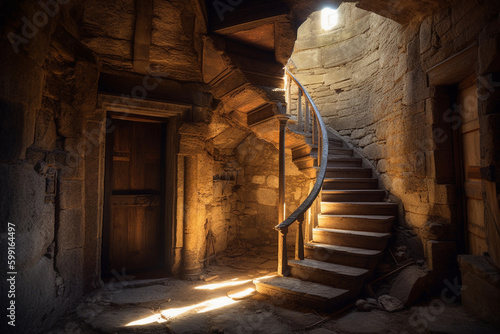 staircase in an ancient  weathered stone tower. generative AI