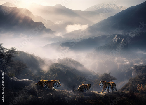 Roaring Heights: A Glimpse of Majestic Tigers Amidst the Rugged Mountain Terrain and Untamed Wilderness of Nature