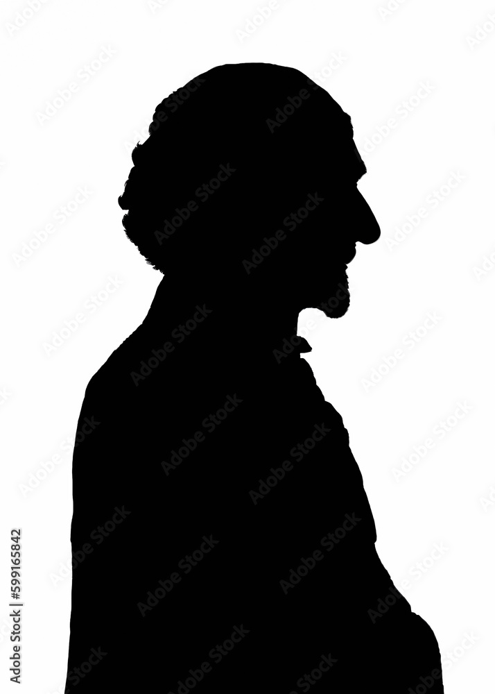Black and white silhouette side portrait of an imaginary philosopher (19th century). Medium shot. Perfect illustration for historical content. Generative AI.
