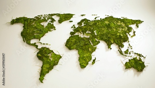 Environmentally friendly planet Poster. Earth day. The map of the world made from green leaves and branches. Think Green. Ecology Concept. Top view. Flat lay generative ai variation 6