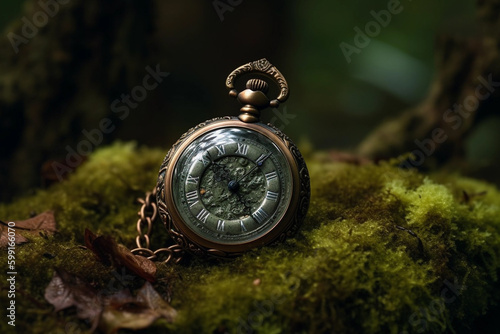 pocket watch on a stone in the midst of a dense forest. generative AI