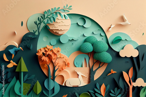 A paper cut out of a forest with a rabbit and a tree an ecology concept
