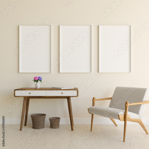 living room set of 3 white realistic 3d render frame mockups, frame templates for poster chair and table combination.