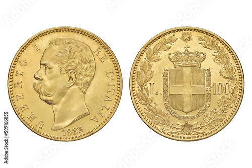 Old coin. Italian Coin. Umberto I  Gold 100 Lire. Vector illustration.