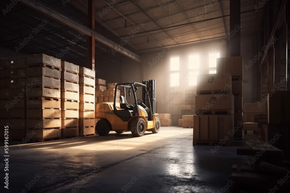 storage box transportation logistic delivery distribution forklift sun cargo warehouse. Generative AI.