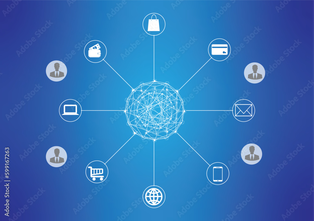Illustration of a global social network concept with connected icons on gradient blue background. illustrations featuring modern technology. Illustration of a global social network concept with connected icons on gradient blue background. illustrations featuring modern technology.