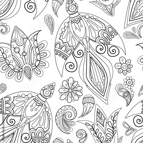 Folkloric Seamless Pattern with Folkloric Bird, Nature Inspired Design. Firebirds, Flowers and Indian Cucumbers. Endless Texture for Fabric, Wallpaper etc. Vector Illustration Coloring Book Page