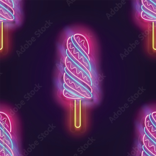 Seamless pattern with glow Lolly Pop Ice Cream. Sweet Dessert Concept. Neon Light Texture, Signboard. Glossy Background. Vector 3d Illustration 