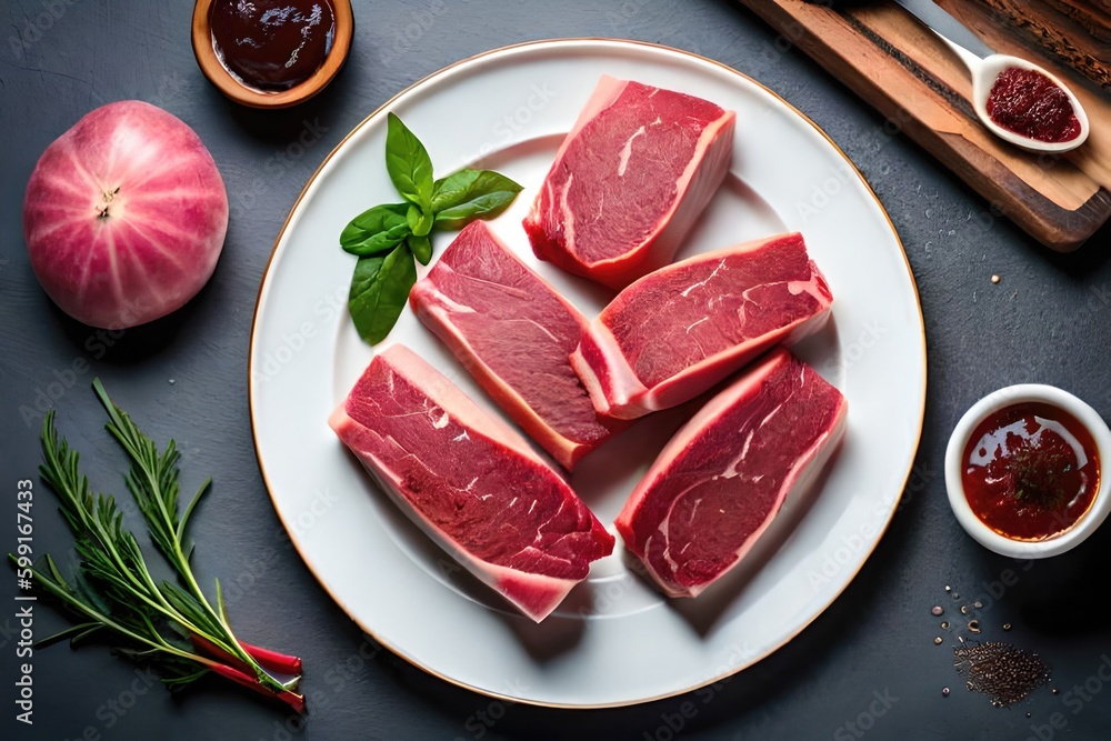 A mouth-watering display of raw Black Angus Prime beef steaks, ready for grilling or pan-searing. Generated by AI