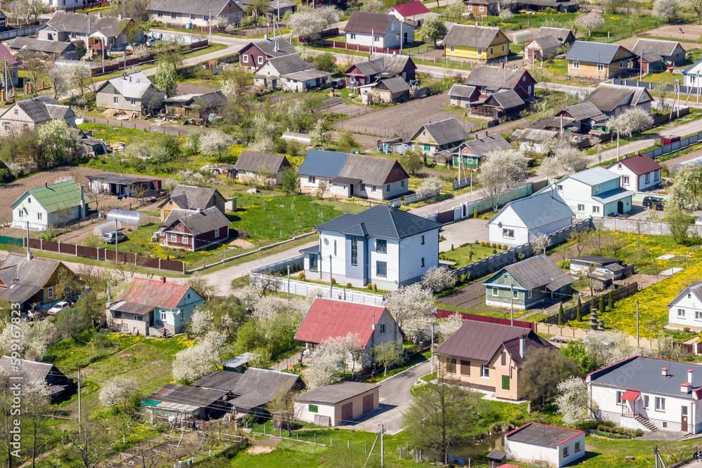 panoramic aerial view of private development with country houses or village