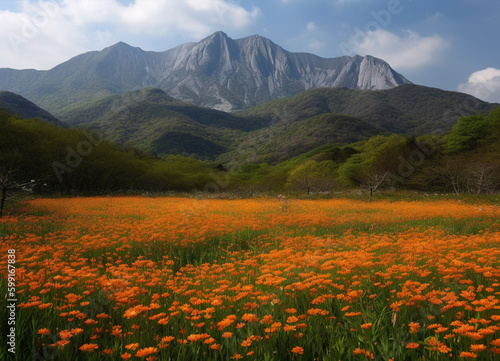 Floral Fantasy: A Beautiful View of Blossoming Flower Fields with the Majestic Mountains Standing Guard in the Distance Preserving Nature Beauty with Beautiful Mix of Colors