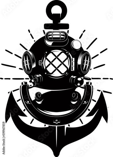 Vintage diver helmet with anchor. Nautical dive helmet with anchor. Design element