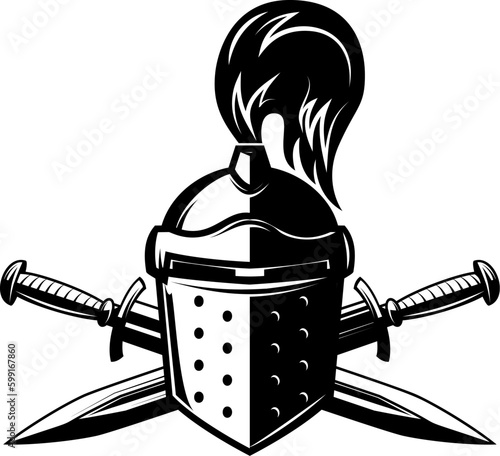 Knight helmet with crossed swords. Warrior helmet with swords. Design element