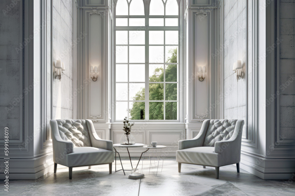 Fototapeta premium Bright stylish living room with two armchairs, Generative AI