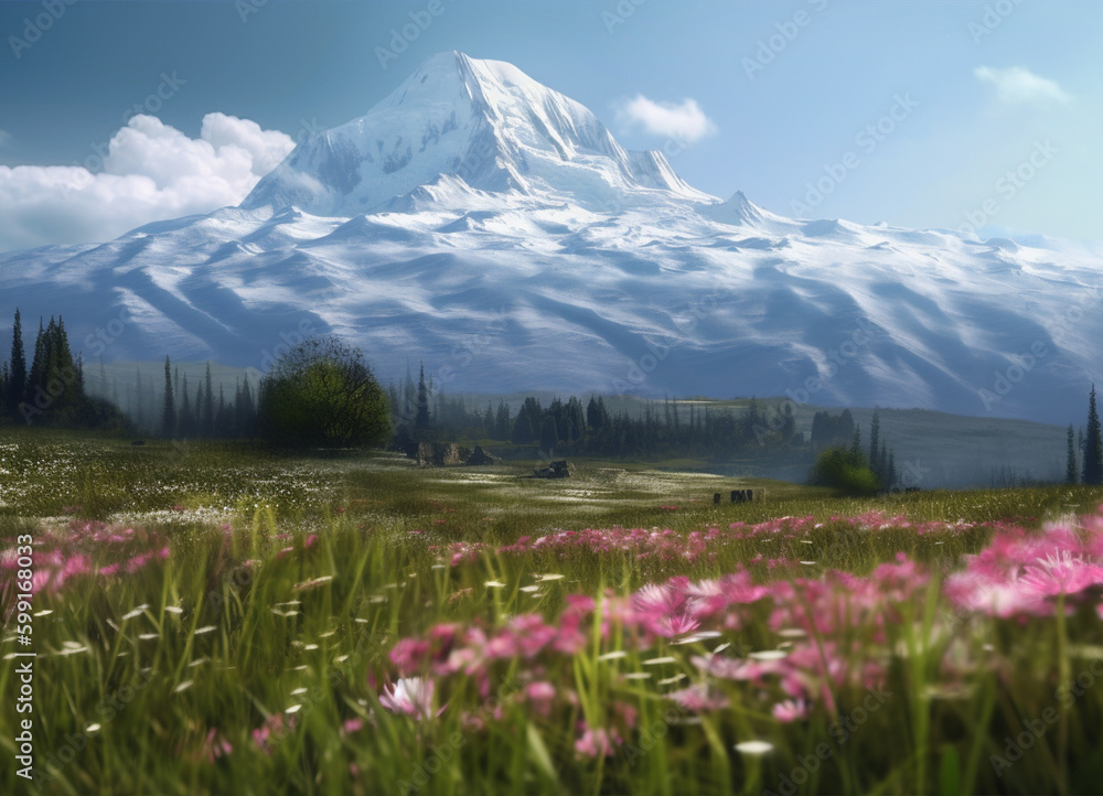 Floral Fantasy: A Beautiful View of Blossoming Flower Fields with the Majestic Mountains Standing Guard in the Distance Preserving Nature Beauty with Beautiful Mix of Colors