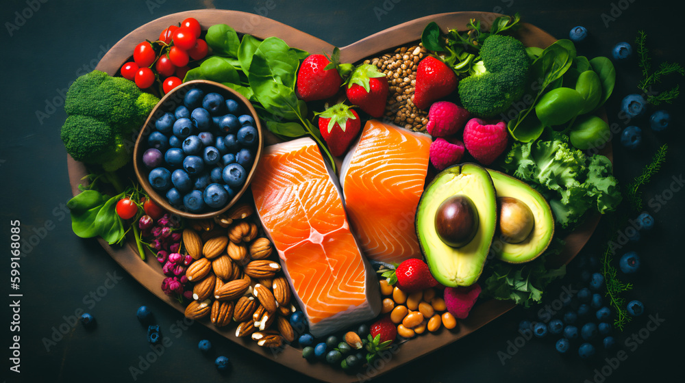 a plate of colorful and nutrient-dense foods such as leafy greens, berries, salmon, nuts, and seeds Generative AI - obrazy, fototapety, plakaty 