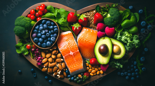 a plate of colorful and nutrient-dense foods such as leafy greens, berries, salmon, nuts, and seeds Generative AI photo