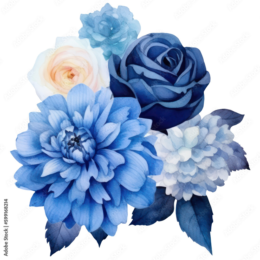 Illustration Bouquet of blue flowers, watercolor blue floral, rose, peony, dahlia, Isolated on transparent background. Generative AI