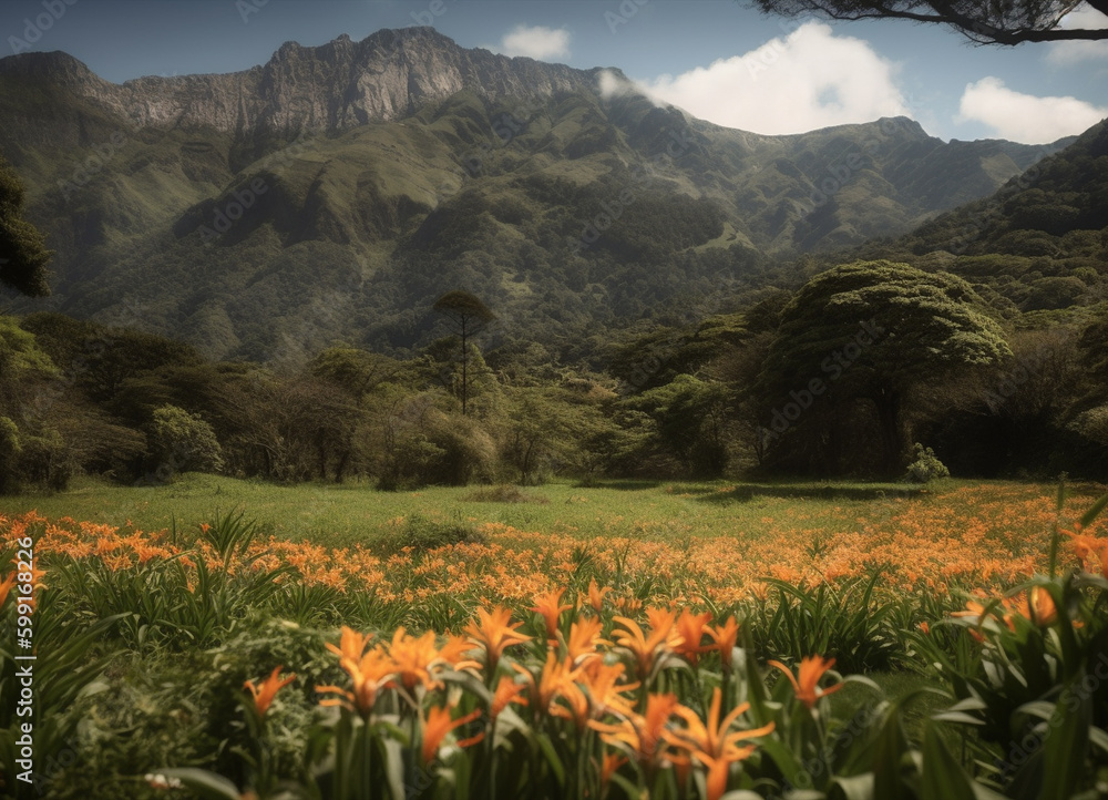 Floral Fantasy: A Beautiful View of Blossoming Flower Fields with the Majestic Mountains Standing Guard in the Distance Preserving Nature Beauty with Beautiful Mix of Colors