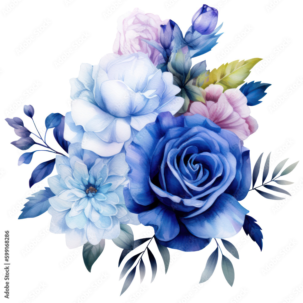 Fototapeta premium Illustration Bouquet of blue flowers, watercolor blue floral, rose, peony, dahlia, Isolated on transparent background. Generative AI