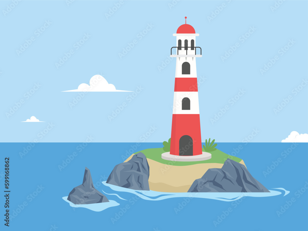 Light house on rocks at day. light tower Light house on rocks at day. light tower