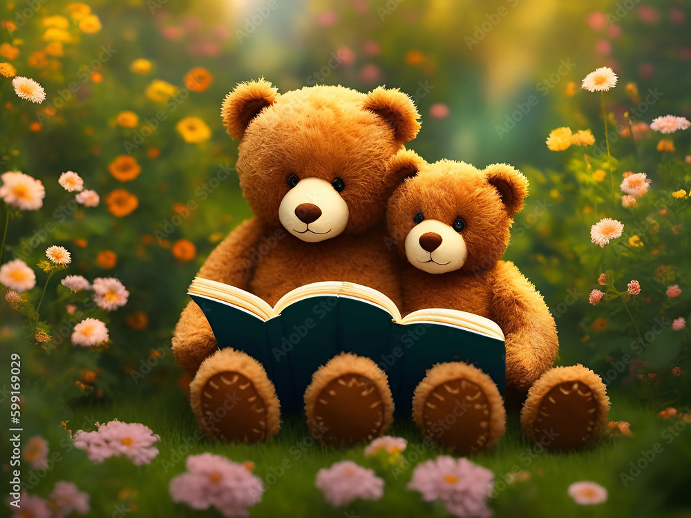 Teddy bears reading books in the garden. Generative ai Teddy bears reading books in the garden. Generative ai