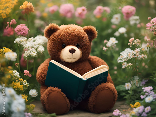 Teddy bear reading a book in the garden. Generative ai