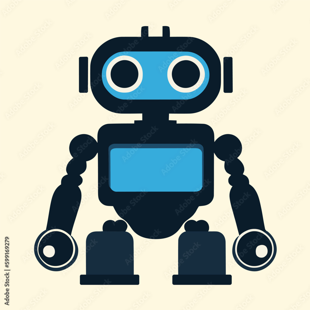 Fototapeta premium Simple robot character with a blue screen on its chest and two antennas, vector sci-fi illustration.