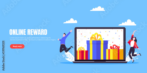 Get online reward and gifts, earn loyalty program points. Get loyalty card and customer service business concept flat design vector illustration. Tiny people with big gift boxes.