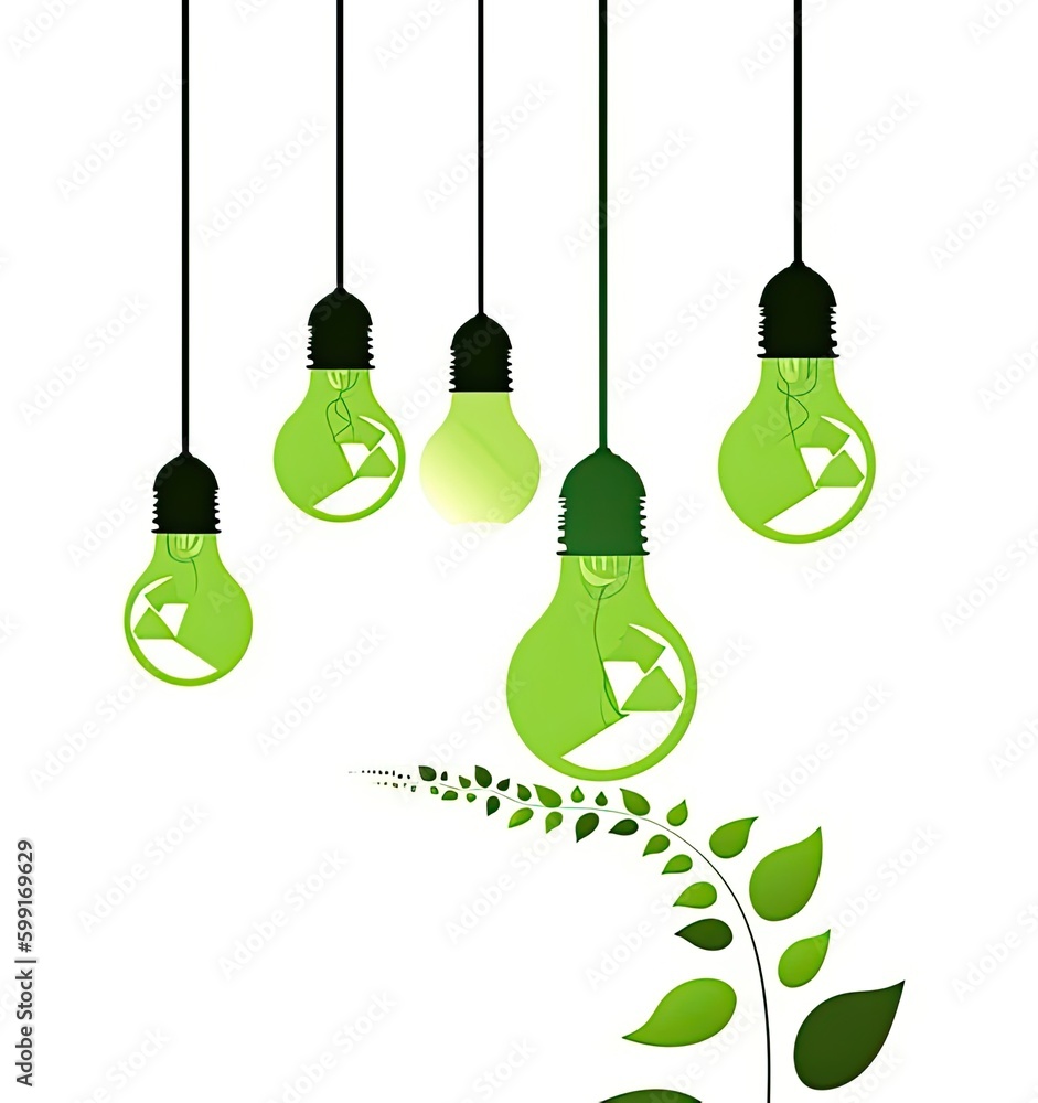 Energy saving eco lamps, made with green leaves with sketches. LED lamp with green leaf. Minimal nature concept. Think Green.Ecology Concept created with Generative AI technology Energy saving eco lamps, made with green leaves with sketches. LED lamp with green leaf. Minimal nature concept. Think Green.Ecology Concept created with Generative AI technology