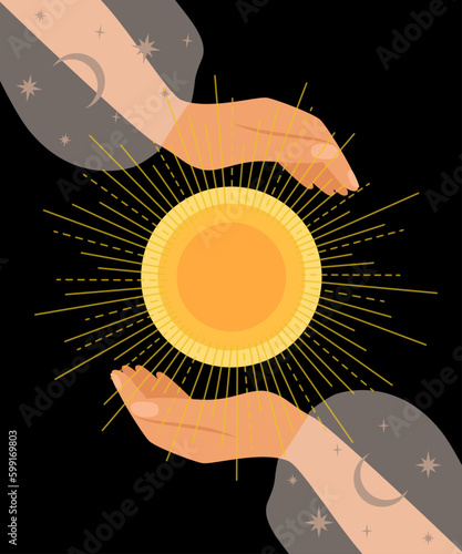 Sun in hands on a black background. Composition in celestial style. Vector illustration.	
