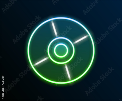 Glowing neon line CD or DVD disk icon isolated on black background. Compact disc sign. Colorful outline concept. Vector