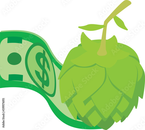 Beer production icon isometric vector. Green flower of hop and dollar bill icon. Hobby, production, business