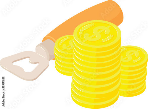 Beverage production icon isometric vector. Wooden bottle opener and coin stack. Hobby, production, business