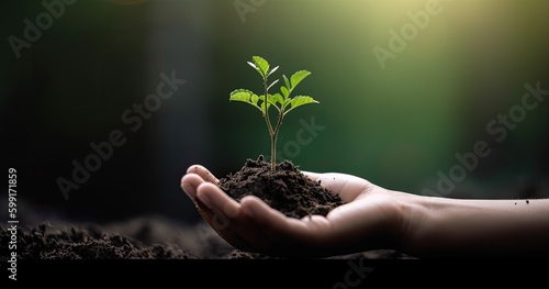 hand holding young plant on blur green nature background. concept eco earth day. created with Generative AI technology
