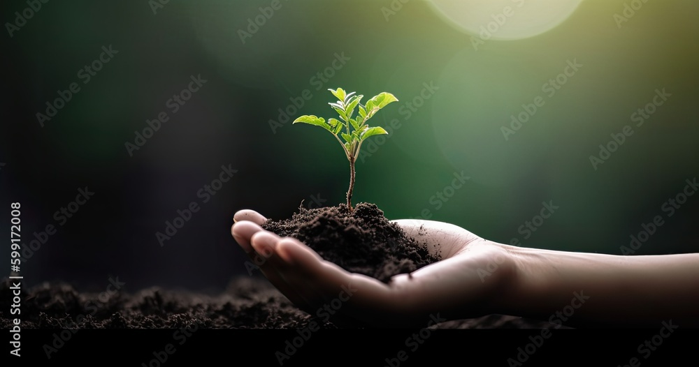 hand holding young plant on blur green nature background. concept eco ...