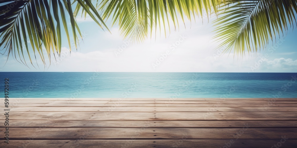 Wooden floors, sea backdrop wooden table. Bright holiday concept. Vacation concept. Beautiful natural landscape. Realistic tropical illustration. Construction decoration concept. Retro style.