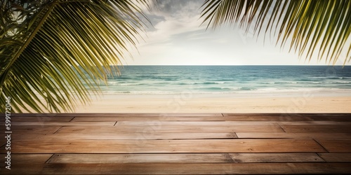Wooden floors  sea backdrop wooden table. Bright holiday concept. Vacation concept. Beautiful natural landscape. Realistic tropical illustration. Construction decoration concept. Retro style.