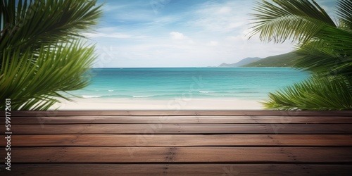 Wooden floors  sea backdrop wooden table. Bright holiday concept. Vacation concept. Beautiful natural landscape. Realistic tropical illustration. Construction decoration concept. Retro style.