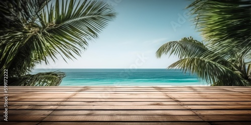 Wooden floors  sea backdrop wooden table. Bright holiday concept. Vacation concept. Beautiful natural landscape. Realistic tropical illustration. Construction decoration concept. Retro style.