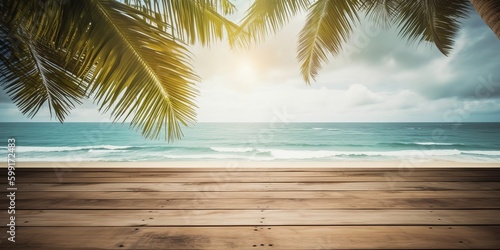 Wooden floors  sea backdrop wooden table. Bright holiday concept. Vacation concept. Beautiful natural landscape. Realistic tropical illustration. Construction decoration concept. Retro style.