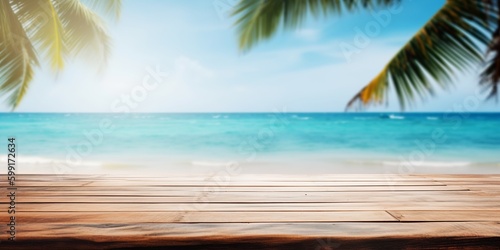 Wooden floors, sea backdrop wooden table. Bright holiday concept. Vacation concept. Beautiful natural landscape. Realistic tropical illustration. Construction decoration concept. Retro style.