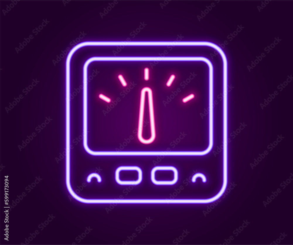 Glowing neon line Ampere meter, multimeter, voltmeter icon isolated on black background. Instruments for measurement of electric current. Colorful outline concept. Vector Glowing neon line Ampere meter, multimeter, voltmeter icon isolated on black background. Instruments for measurement of electric current. Colorful outline concept. Vector