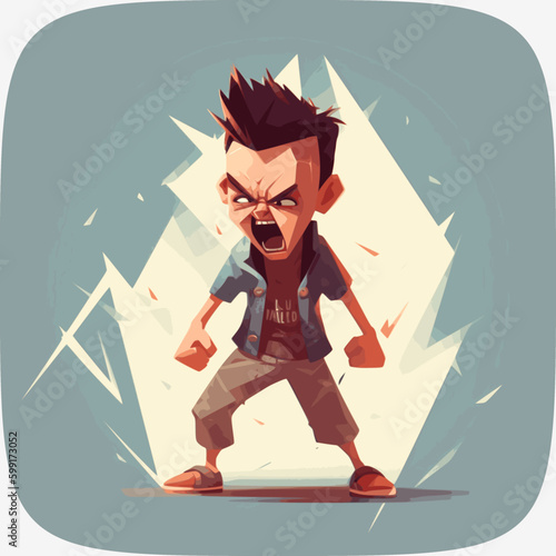 boy gets mad angry fighting and shouting expression, Vector illustration.