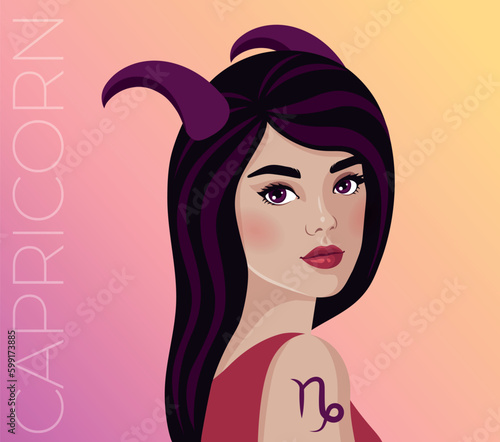 Vector illustration of the zodiac symbol Capricorn. Illustration of the astrological sign as a beautiful girl.