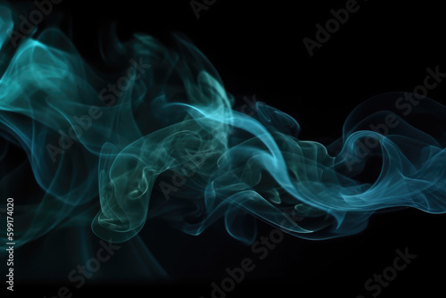 Smoke veil. Paint water. Night haze. Teal blue color glitter dust particles mist floating on dark black abstract art background with copy space