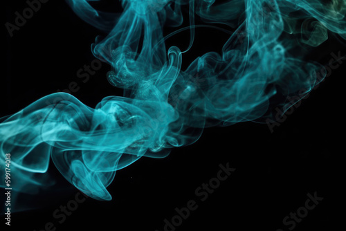 Smoke veil. Paint water. Night haze. Teal blue color glitter dust particles mist floating on dark black abstract art background with copy space