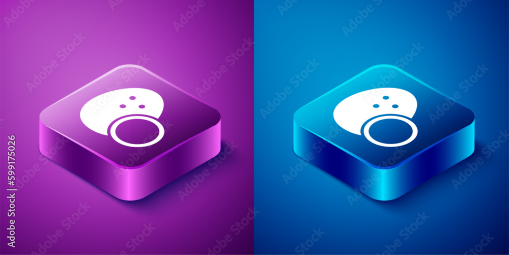 Isometric Coconut icon isolated on blue and purple background. Square button. Vector Isometric Coconut icon isolated on blue and purple background. Square button. Vector