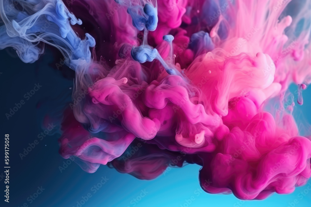 Glitter fluid. Ink water shot. Paint blend. Pink blue color shiny glowing sparkling smoke cloud abstract art background with free space.